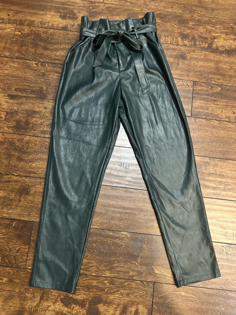 Lucy Paris Forest Green Faux Leather Paperbag Waist Ankle Pants
